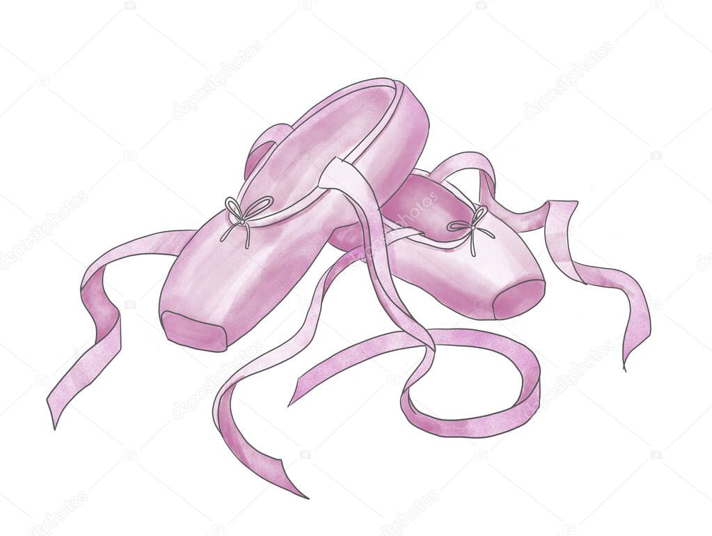 Pair of Pink Ballet Shoes for ballerina. Pointes for Dancer. Watercolor hand drawn illustration on white isolated background