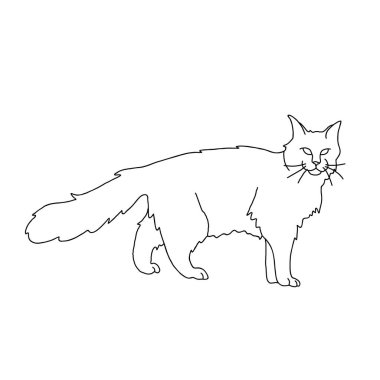 Soyut Çizgi Sanatı tarzında Minimalist Kedi. Yürüyen sevimli evcil hayvan silueti. Beyaz izole arkaplana elle çizilmiş vektör çizimi. Logo veya simge için tasarım