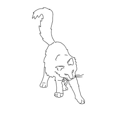Soyut Çizgi Sanatı tarzında Minimalist Kedi. Şirin evcil hayvan silueti. Beyaz izole arkaplana elle çizilmiş vektör çizimi. Logo veya simge için tasarım