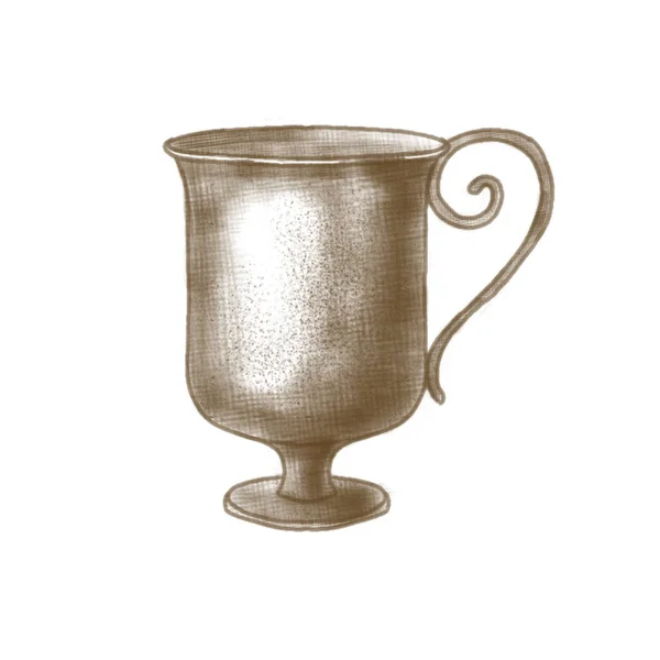 Рисунок Чашки Старинного Чая Ручной Рисунок Чашки Коричневом Изолированном Белом — стоковое фото
