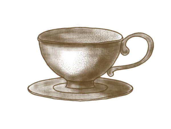 Винтажный Традиционный Чай Блюдцем Ручная Иллюстрация Антикварной Чашки Белом Изолированном — стоковое фото