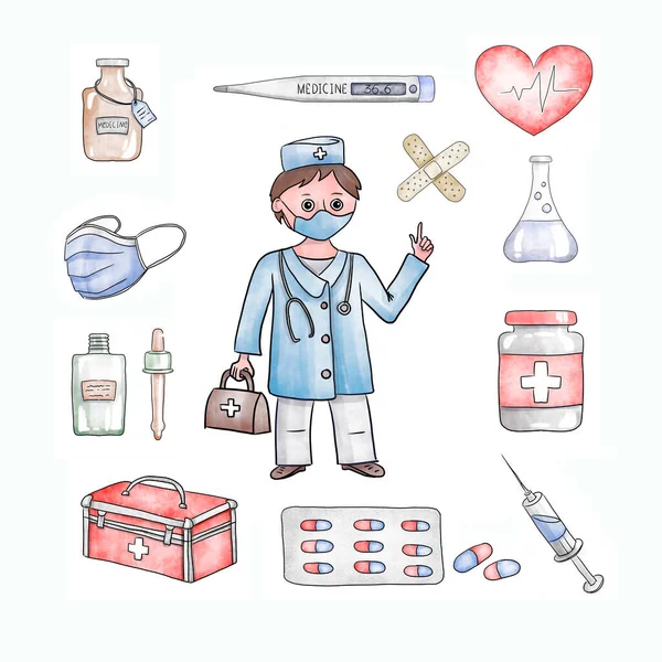 Set Watercolor Medical Icons White Isolated Background Cartoon Doctor Equipment — Stock Photo, Image