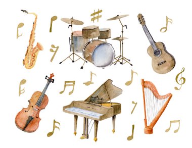 Müzik enstrümanları ile suluboya set. Müzik gününe davetiye için Harp ve Gitar. Her tasarım için keman, saksafon, piyano ve davul. İzole edilmiş beyaz arkaplan notları