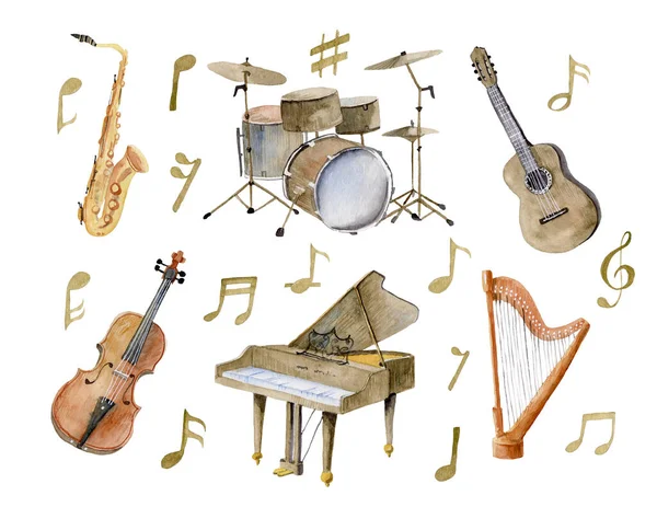 Aquarelset Met Muziekinstrumenten Harp Gitaar Voor Uitnodigingen Voor Muziekdag Viool — Stockfoto