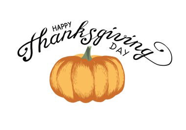 Portakallı balkabağıyla Şükran Günü 'nüz kutlu olsun. Davetiye kartları veya simge için vektör elle yazılmış metin. Beyaz arka planda siyah harf. Herhangi bir tasarım için kaligrafi