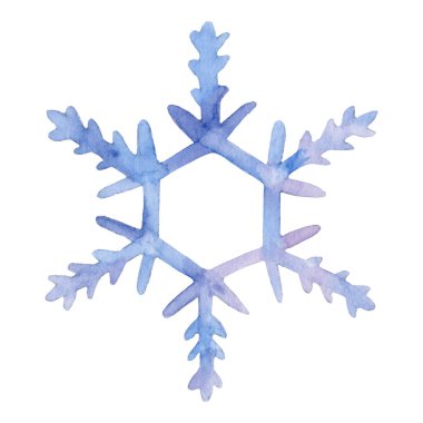 Açık mavi suluboya Kar Tanesi. Beyaz izole edilmiş arka planda kış sembolü. Kartpostallar ve davetiyeler için elde boyanmış sulu Noel Karı
