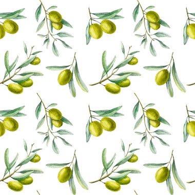 Zeytin dallarıyla suluboya kusursuz desen. El çizimi arka plan, yeşil yapraklar ve beyaz izole arkaplanda meyveler. Paket kağıdı veya tekstil tasarımı için çizim