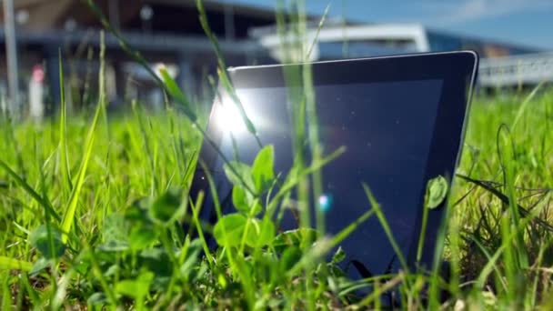 Çimlerin üzerindeki tablet bilgisayar — Stok video