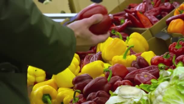 Чоловік вибирає продукти в гіпермаркеті — стокове відео