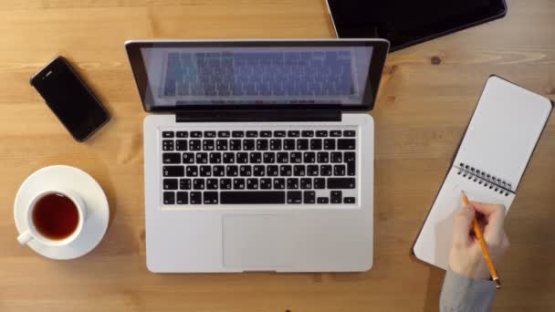 Uso del ordenador portátil en el escritorio — Vídeos de Stock