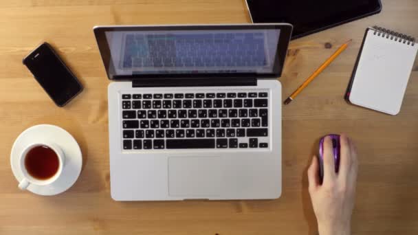 Usando laptop na área de trabalho — Vídeo de Stock