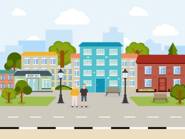 Güzel, parlak, güneşli bir şehir. Dışarısı gündüz. Birçok farklı renkte ev. İnsanlar erkek ve kız, yeşil ağaçlar, mavi gökyüzü, fenerler, dükkan. Yaratıcılığın için illüstrasyon