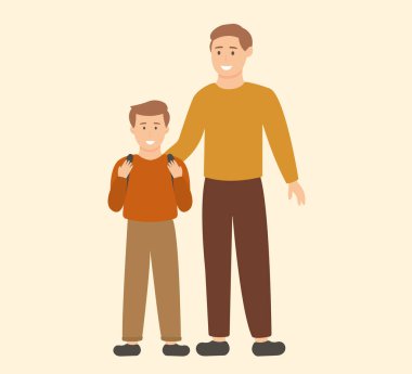 Baba oğluna okula kadar eşlik eder. Sırt çantalı bir öğrenci. Yaratıcılığın için illüstrasyon