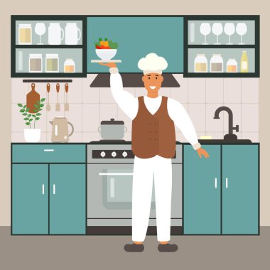 Beyaz üniformalı bir aşçı. Elinde bir tabak sebze tutuyor. Mutfağın arka planına karşı. Yaratıcılığınız için resim, reklamcılık için şablon