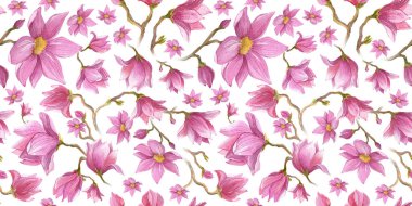 Watercolor Flower pink Magnolia on a white Background. Flowers seamless pattern with packaging and scrapbooking clipart