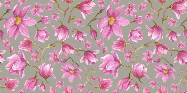 Gri bir arkaplanda suluboya desensiz pembe manolya çiçeği deseni. Paketleme ve yapıştırma kitabı olan çiçekler