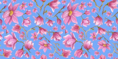 Mavi arka planda suluboya desensiz çiçek açan pembe manolya çiçeği. Paketleme ve yapıştırma kitabı olan çiçekler