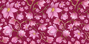 Kırmızı bir arka planda suluboya desensiz çiçek pembe manolya deseni. Paketleme ve yapıştırma kitabı olan çiçekler