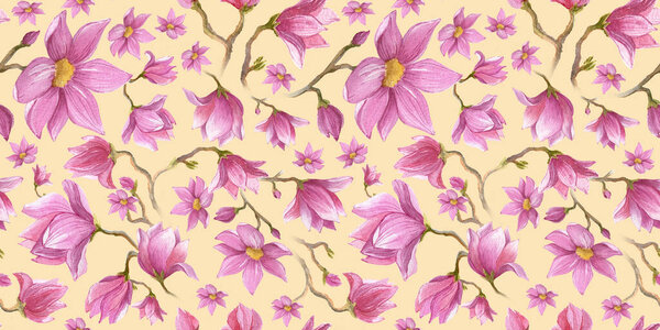Watercolor Seamless pattern Flower pink Magnolia on a beige Background. Flowers with packaging and scrapbooking