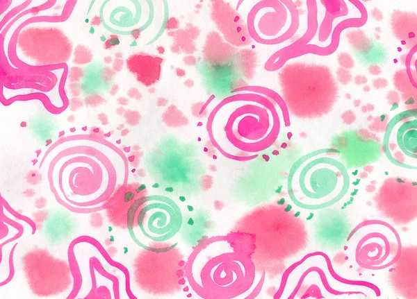 Tinta aquarela abstrata no fundo branco de Splot e Splash. Rosa, verde e vermelho Mancha, espiral e textura Blop. Fundo de Spots para embalagem e web sobre tela Fundos — Fotografia de Stock