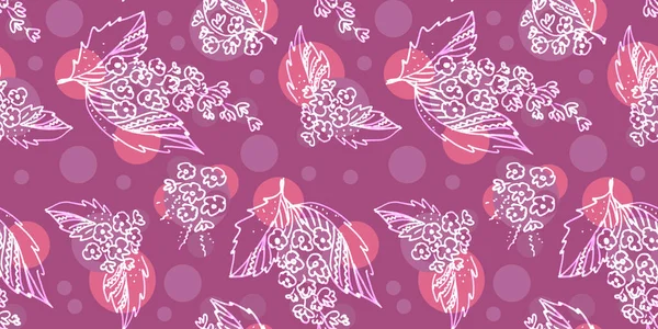 Mehrfarbige Seanless-Muster von Elementen im Stil der Linienkunst auf violettem Hintergrund. Rosa und violette Farben. Blumen Blumenstrauß aus Vogelkirsche und Blättermuster mit Verpackung und Scrapbooking — Stockfoto