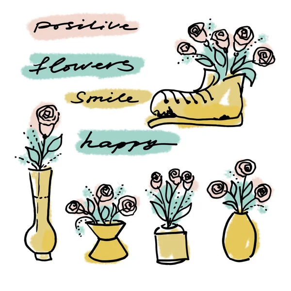 Set of elements in the style of line art on a white background. Vase with flowers, boot, bouquet of roses and lettering, positive flowers smile happy