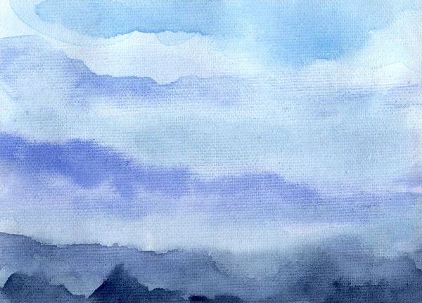 Farba akwarelowa abstrakcyjne niebo i tło górskie. Niebiesko-szara faktura plamki. Kontekst spotów do pakowania i sieci — Zdjęcie stockowe