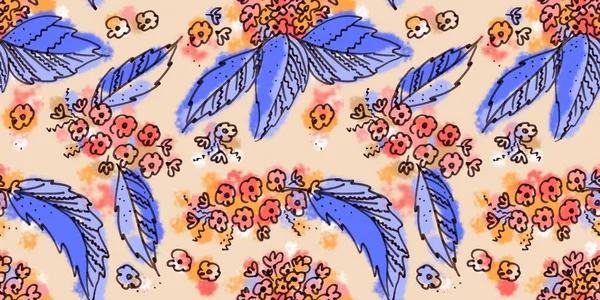 Mehrfarbiges Nahtloses Muster von Elementen im Stil der Linienkunst auf beigem Hintergrund. Lila, orange, blau, gelb und violett. Blumen Blumenstrauß aus Vogelkirsche und Blättermuster mit Verpackung — Stockfoto