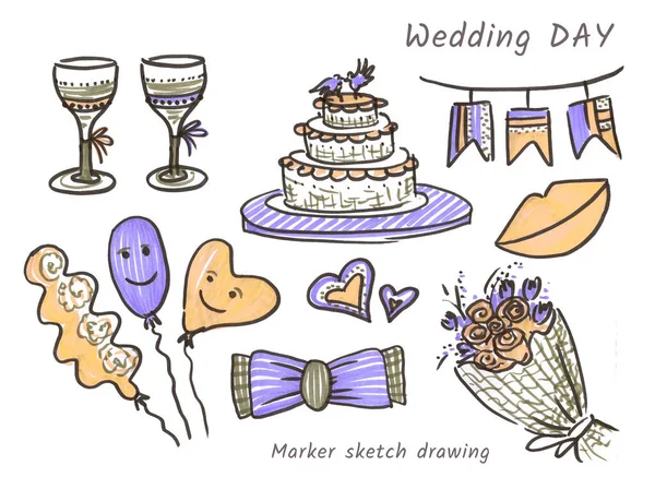 Ensemble d'éléments violets jaunes pour la célébration du mariage dans le style line art sur fond blanc. gribouille dessinée avec un stylo feutre. Gâteau, verres, bouquet de fleurs, symbole du coeur, ballons, lèvres et noeud papillon de — Photo