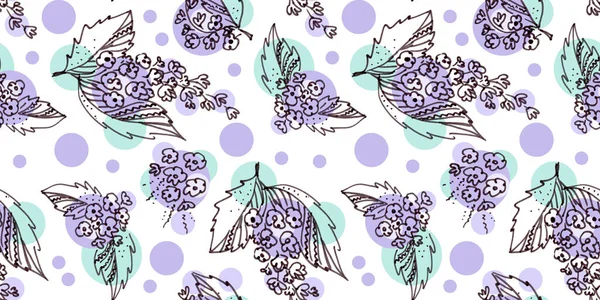 Multicolore Modèle sans couture d'éléments dans le style de l'art linéaire sur un fond blanc. Couleurs violet, vert et violet. Fleurs Bouquet de cerise d'oiseau et feuilles Motifs avec emballage et — Photo