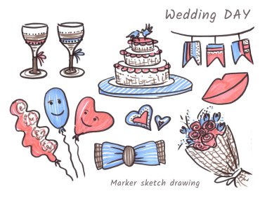 Pink and blue set of elements for Wedding celebration in line art style on white background. dooddle drawn with felt pen. Cake, glasses, bouquet of flowers, heart symbol, balloons, lips and bow tie of