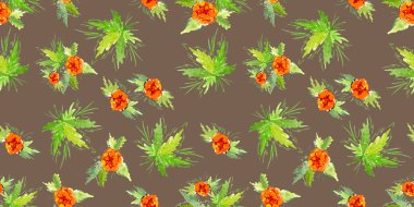 Multicolor Watercolor Seamless pattern branch orange Buttercup Flower on brown background. Isolated Flowers element with packaging