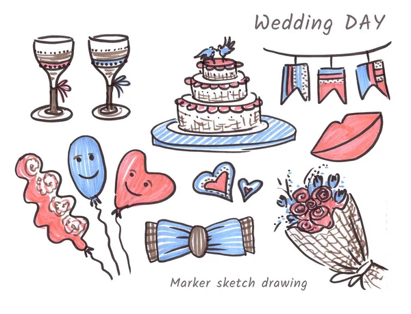 Pinke und blaue Elemente für die Hochzeitsfeier im Line-Art-Stil auf weißem Hintergrund. Mit Filzstift gekritzelt. Kuchen, Gläser, Blumenstrauß, Herzsymbol, Luftballons, Lippen und Fliege von — Stockfoto