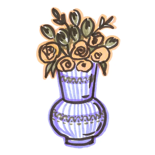 Element w stylu sztuki linii na białym tle. Fioletowy wazon z żółtymi kwiatami na białym tle — Zdjęcie stockowe