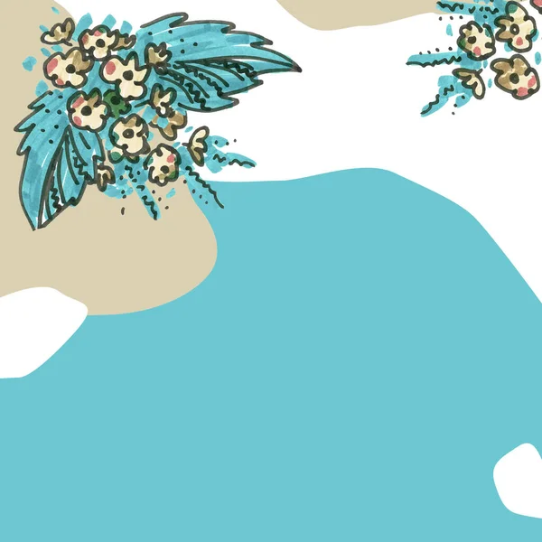 Antecedentes de plantilla para vacaciones. Azul, verde, beige y blanco Fondos para texto. Fieltro flor pluma con elementos de hoja en el estilo de arte de línea para banners web. —  Fotos de Stock