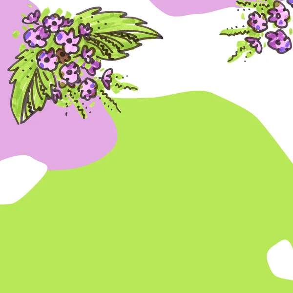 Шаблон Тло для свят. Рожевий, зелений і білий фон для тексту. Фіолетові квіти з зеленим елементом у стилі лінійного мистецтва для веб-банерів . — стокове фото