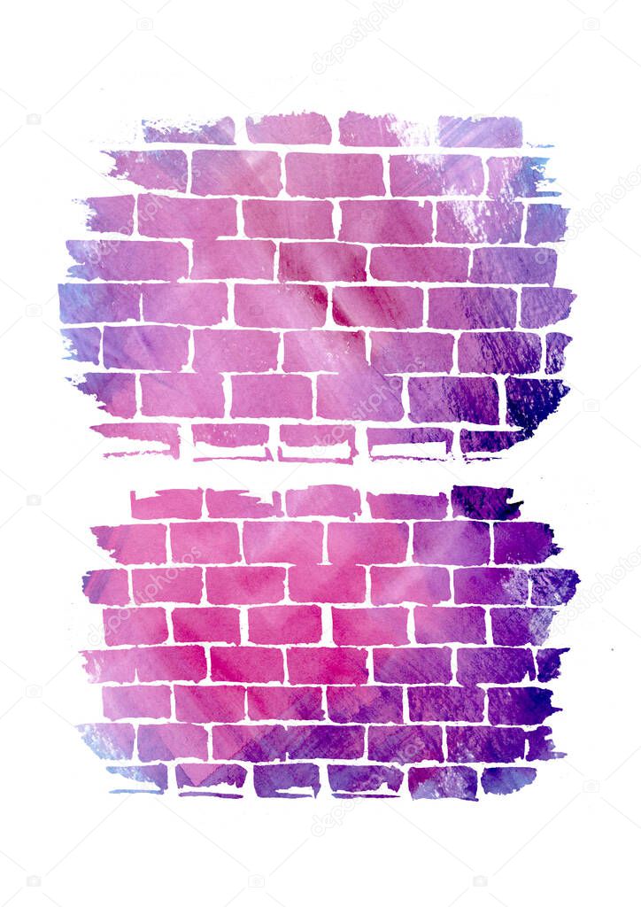 Watercolor multicolored Brick wall texture on white background. Violet, blue and Pink gradient Bricks