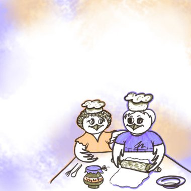 Desenli düğün davetiyesi ya da tebrik kartı kutlaması menekşe ve bej arkaplanda yazı için. Keçeli kalemle çizilmiş karalama. Bir çift neşeli baykuş aşçı hamuru yuvarlar