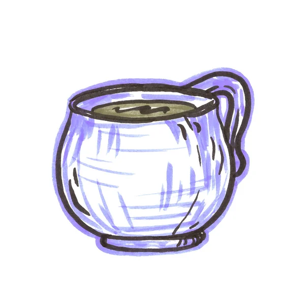 Filzstift-Lebensmittel-Element im Stil der Linienkunst auf weißem Hintergrund. Veilchen appetitlich Tasse Kaffee — Stockfoto