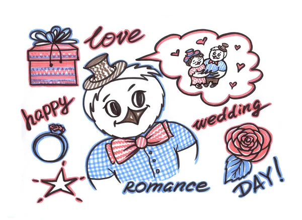 Caricature en feutre multicolore Set de mariage avec hiboux en style line art sur fond blanc. Rose et bleu le marié rêve d'une joyeuse rencontre avec la mariée Hibou gribouille. Cadeau coloré, alliance, étoile — Photo