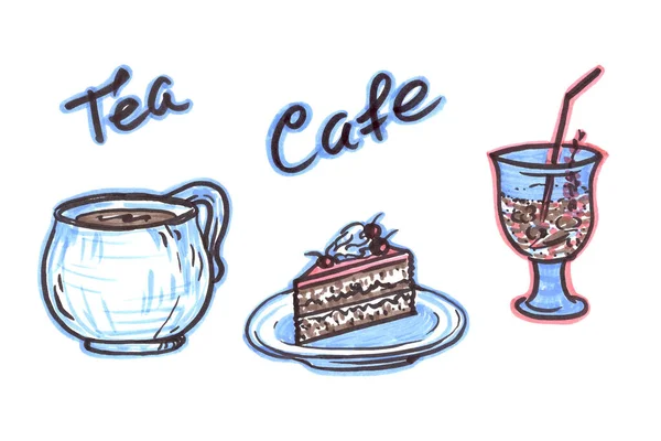 Встановіть фетрові елементи їжі в стилі лінійного мистецтва на білому тлі. Рожево-блакитний апетитний шматок весільного торта на фіолетовій тарілці, чашка чаю та склянка лимонаду — стокове фото