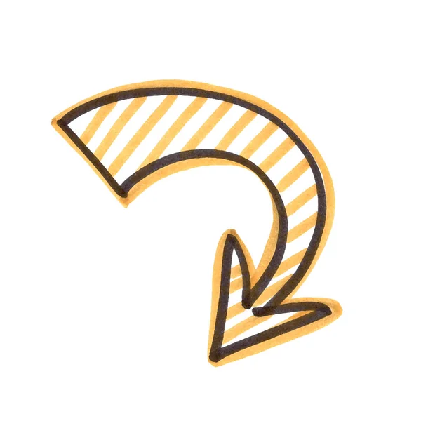 Caneta feltro amarelo arredondado Seta desenho à mão livre em estilo doodle. Elemento de design para timeline, Infográfico, catálogo, fundo, site, agenda, notebook. — Fotografia de Stock