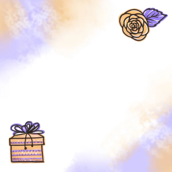 图案婚宴邀请函或贺卡庆祝会，以紫色和米黄色背景的线条艺术风格为文字。用毛笔画的涂鸦。装有礼物和玫瑰花图案的盒子 — 图库照片