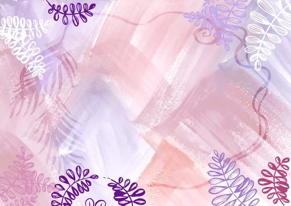 水彩画的抽象背景是由白色、蓝色和紫色的叶子构成的多彩的框架。粉色和紫色斑点纹理。包装和网页的背页 — 图库照片