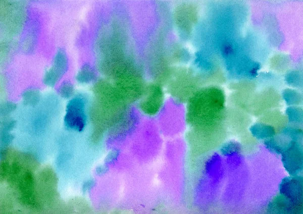 Tinta aquarela abstrato fundo multicolorido. Azul, verde e roxo Spots e salpicos Blobs textura. Contexto do ponto de vista de embalagem e web — Fotografia de Stock