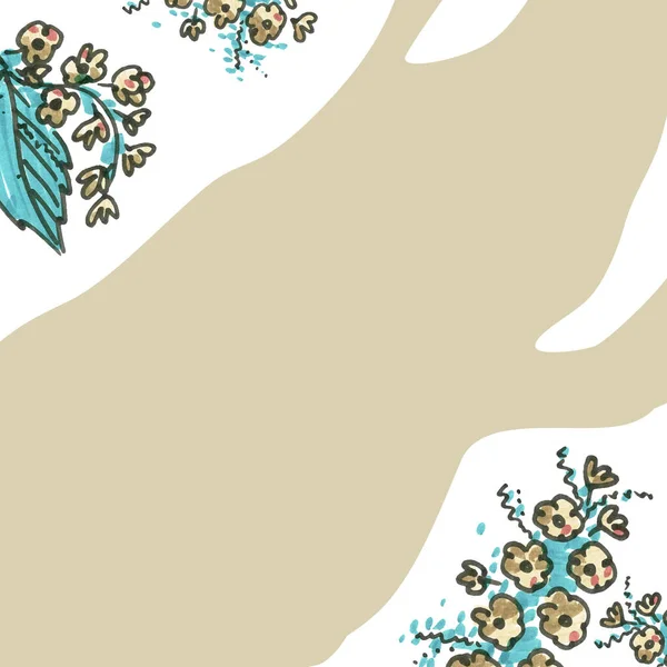 Template Background for Holidays. Blue, green, beige and white Backgrounds for text. Felt pen flower with leaf elements in the style of line art for web banners.
