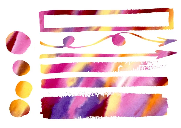 Desenho à mão livre de seta aquarela. Set rosa, vermelho, amarelo, laranja, violeta Setas, quadro, elemento. Infográfico, Catálogo, fundo. — Fotografia de Stock
