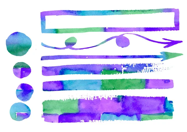 Desenho à mão livre de seta aquarela. Conjunto grande verde, azul, turquesa, Setas violetas, bolha, quadro, elemento. Infográfico, Catálogo, fundo. — Fotografia de Stock