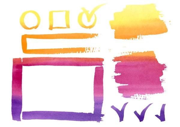 水彩画是自由手绘的.设置粉红色，紫色，黄色，橙色，紫色框，元素。Infographic, Catalog, background. — 图库照片