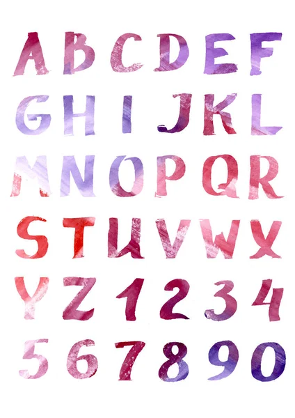 Acuarela colorida dibujada a mano tipo de fuente multicolor. garabato moteado multicolor escrito a mano abc alfabeto inglés con números y símbolo — Foto de Stock